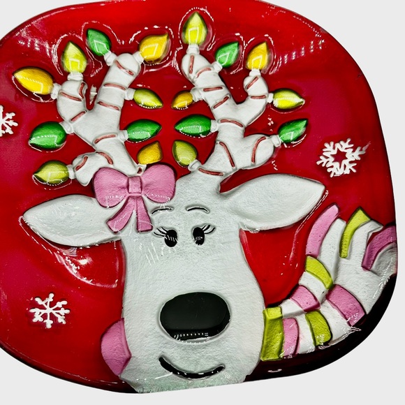 Christmas Rain Deer Platter Plate Artist Fused Painted Glass - Picture 3 of 11